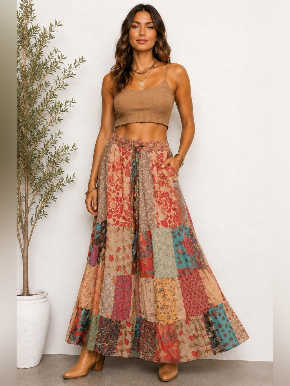 Young Threads Retro Revival Long Flared Patchwork Pants – Latte